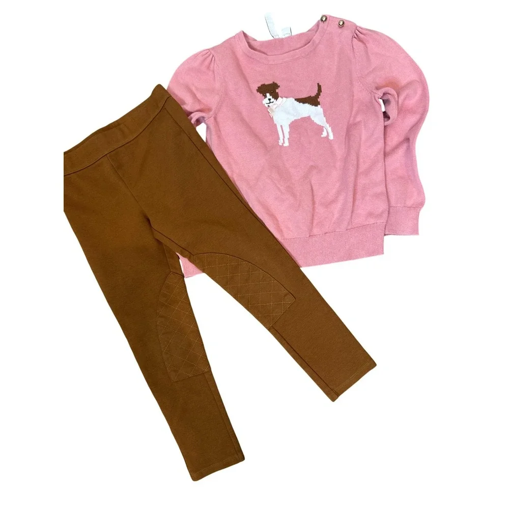 Janie And Jack Pants Set Girls 5 Pink Dog Sweater Brown Riding Leggings